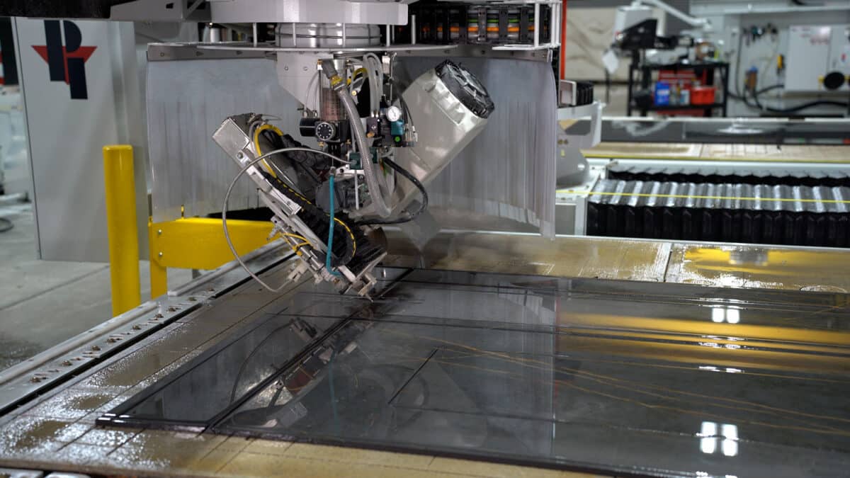 JAVELIN CNC Sawjet cuts & miters Dekton Fireplace (Video)